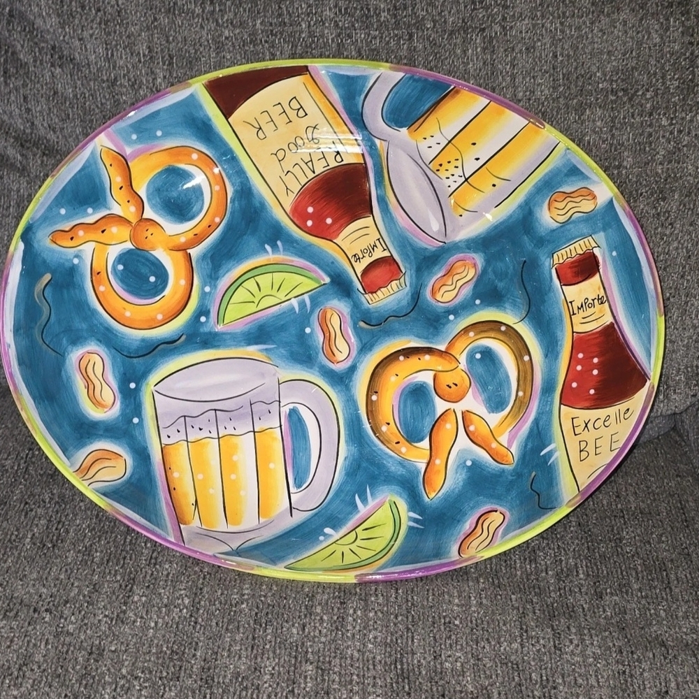 Hand-Painted Snack & Beer Platter - Blue with Yellow Accents